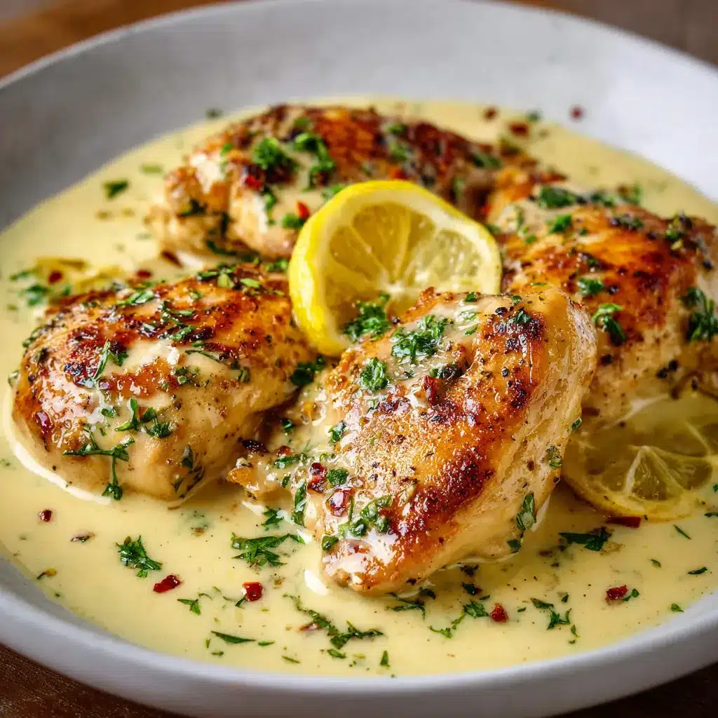 Filets de poulet nappés de sauce crémeuse au citron, servis avec riz et persil frais.