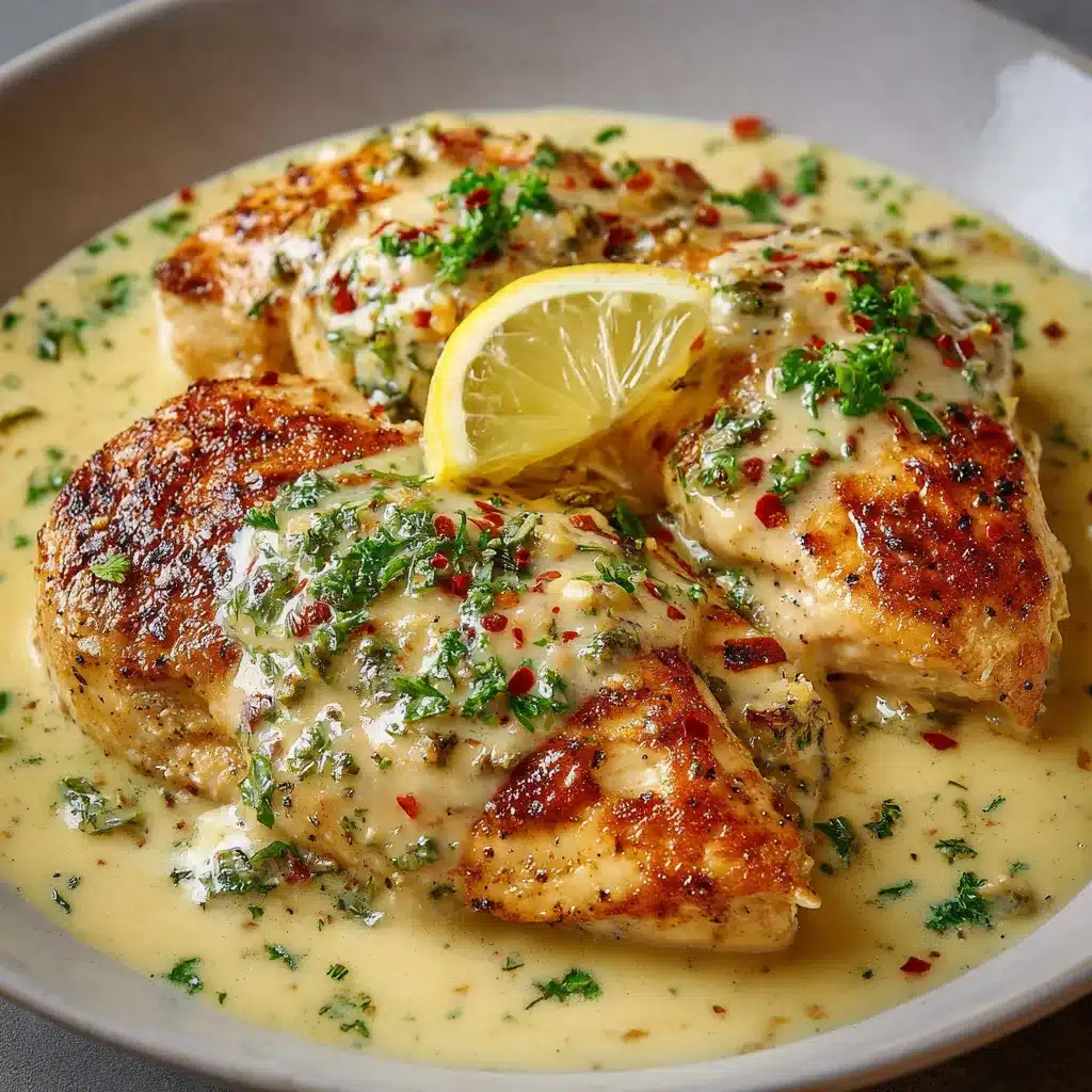 Filets de poulet nappés de sauce crémeuse au citron, servis avec riz et persil frais.