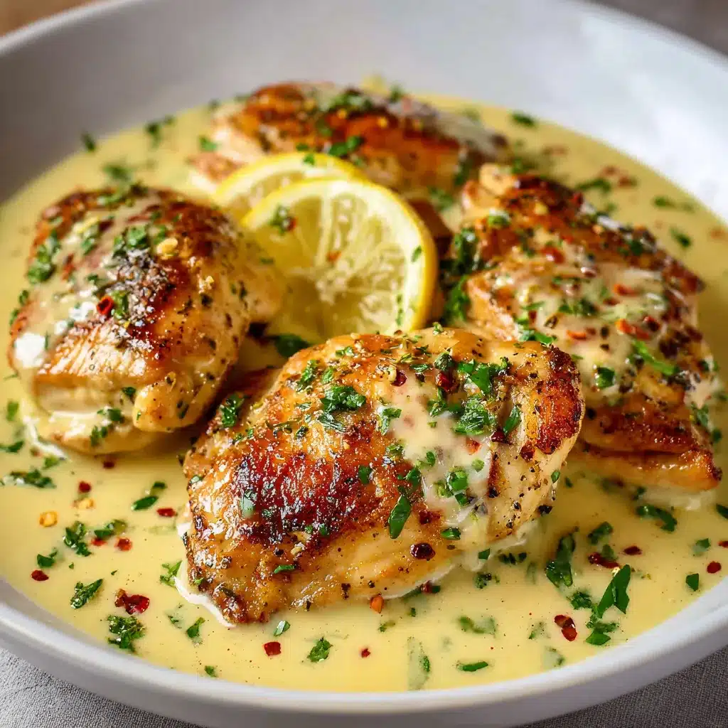 Filets de poulet nappés de sauce crémeuse au citron, servis avec riz et persil frais.