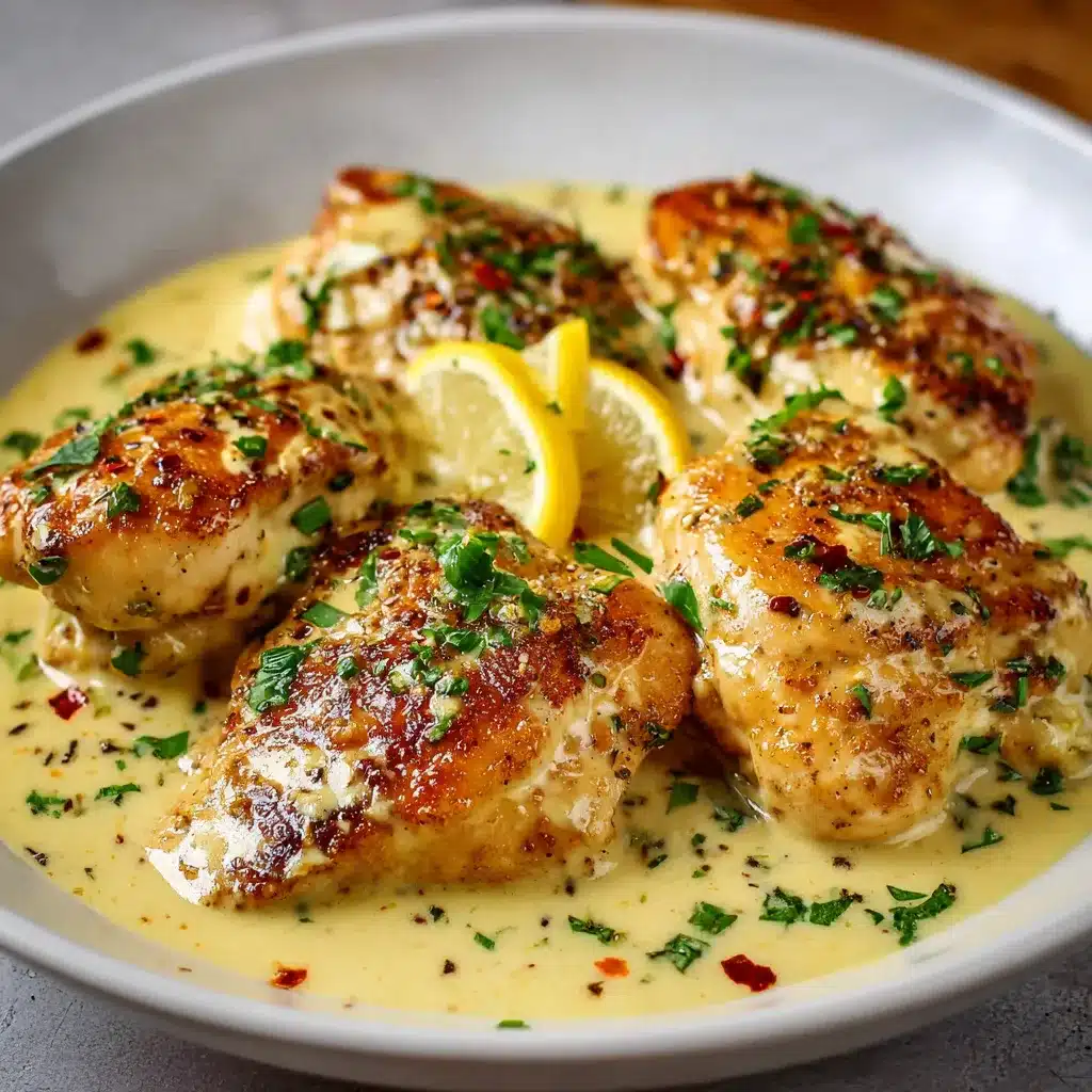 Filets de poulet nappés de sauce crémeuse au citron, servis avec riz et persil frais.