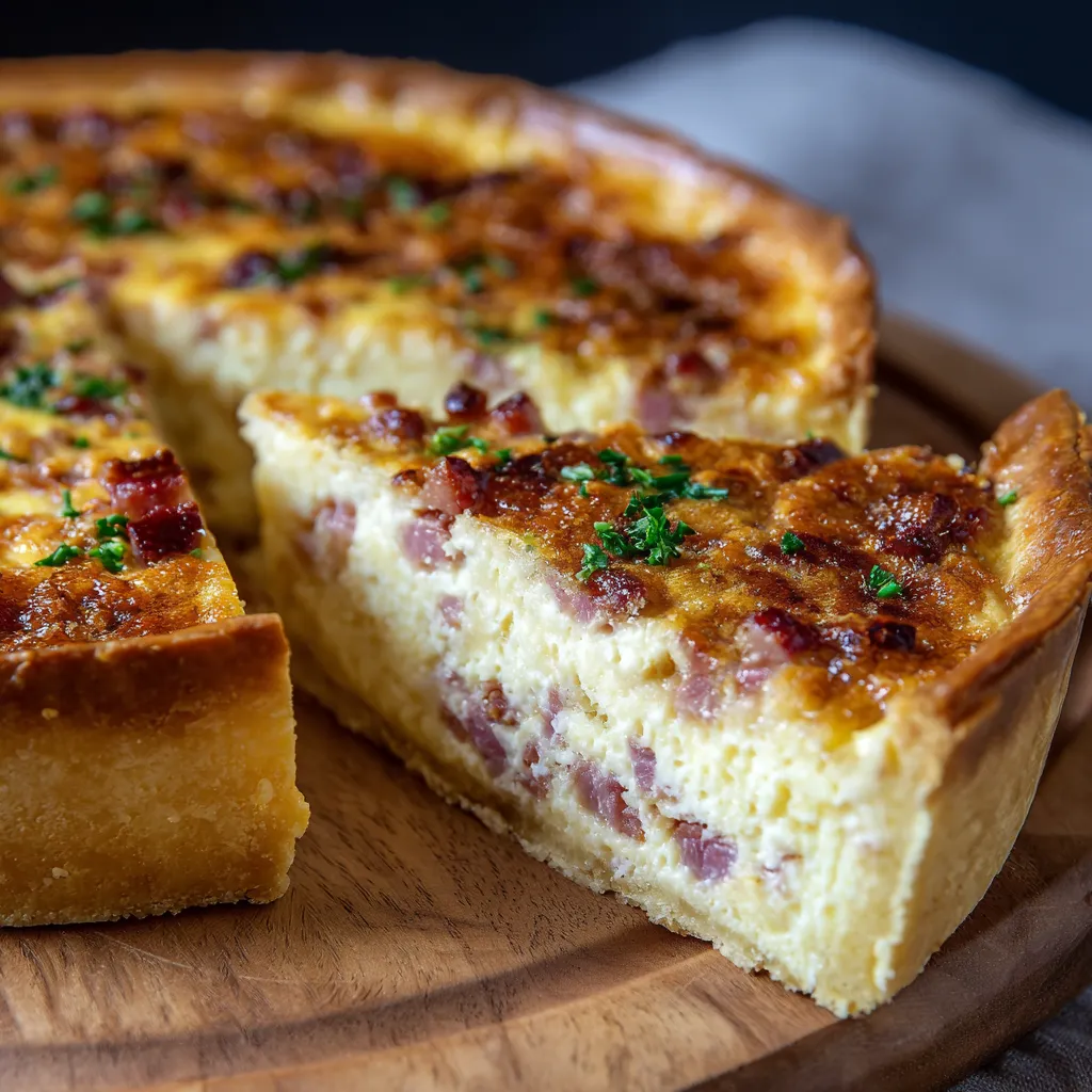 Quiche lorraine épaisse maison, dorée et moelleuse, dans un plat à tarte