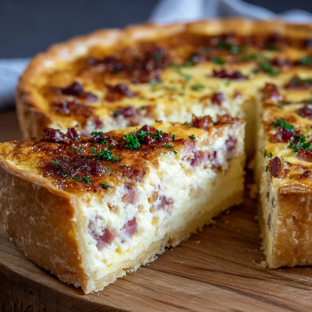 Quiche lorraine épaisse maison, dorée et moelleuse, dans un plat à tarte