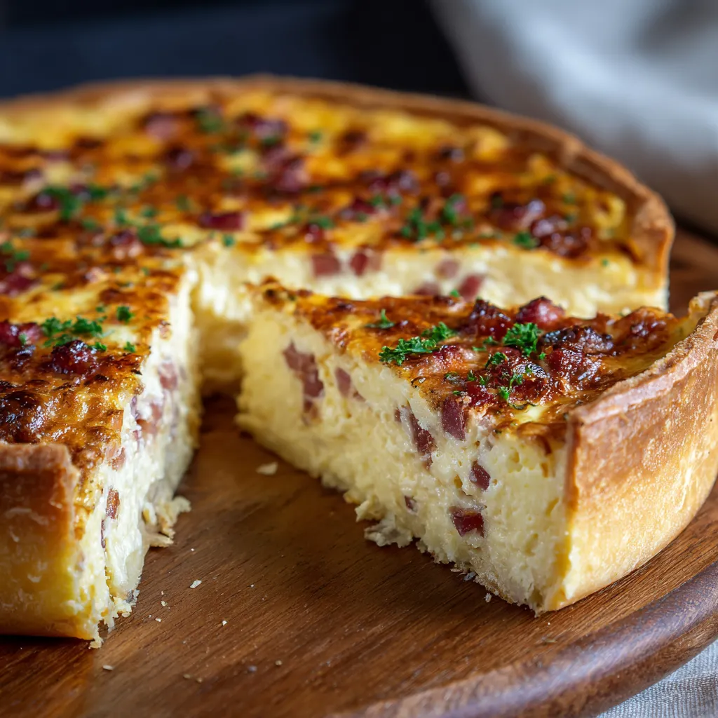 Quiche lorraine épaisse maison, dorée et moelleuse, dans un plat à tarte