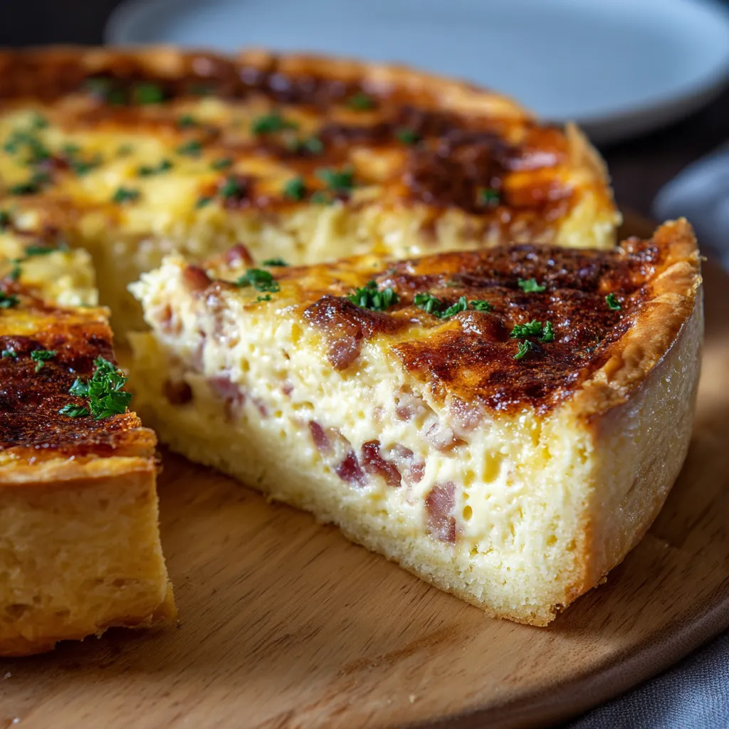 Quiche lorraine épaisse maison, dorée et moelleuse, dans un plat à tarte