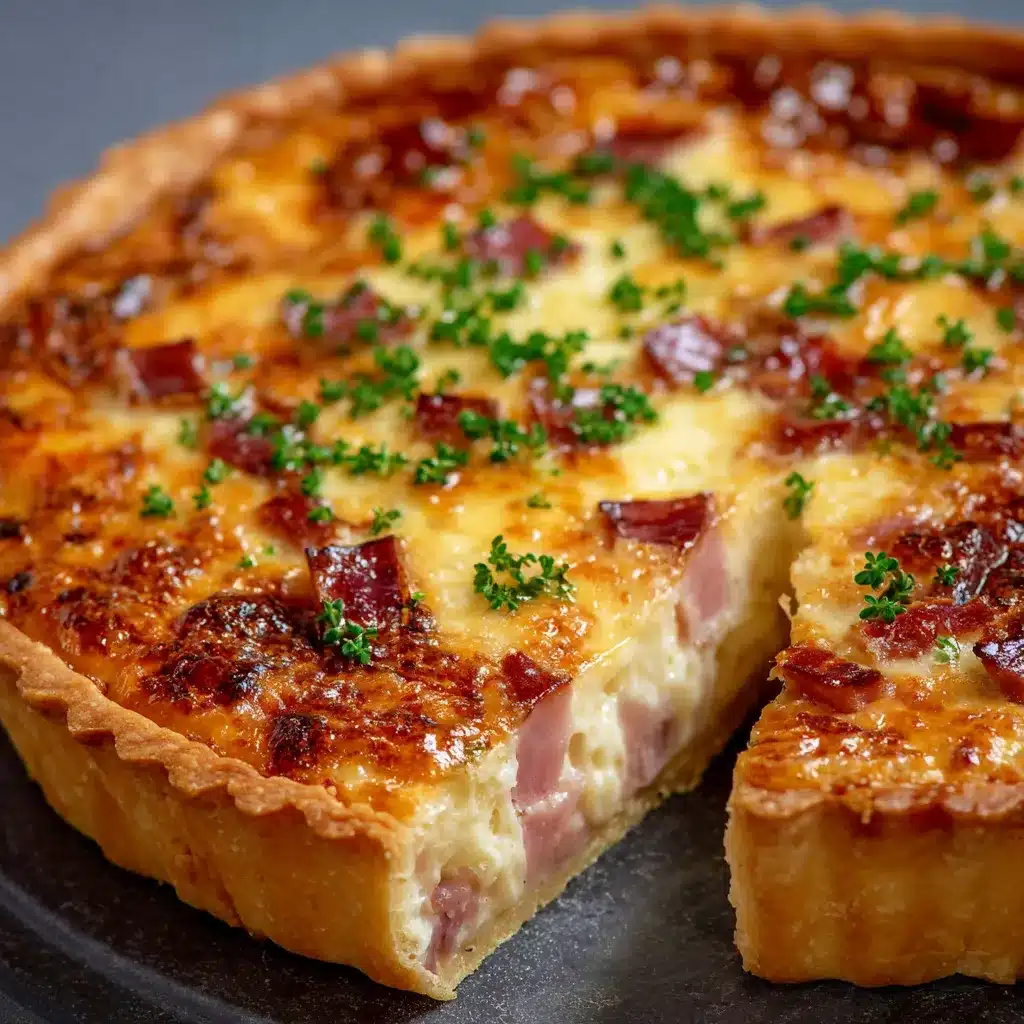 Tarte au Gruyère dorée et fondante sortie du four dans un moule à tarte