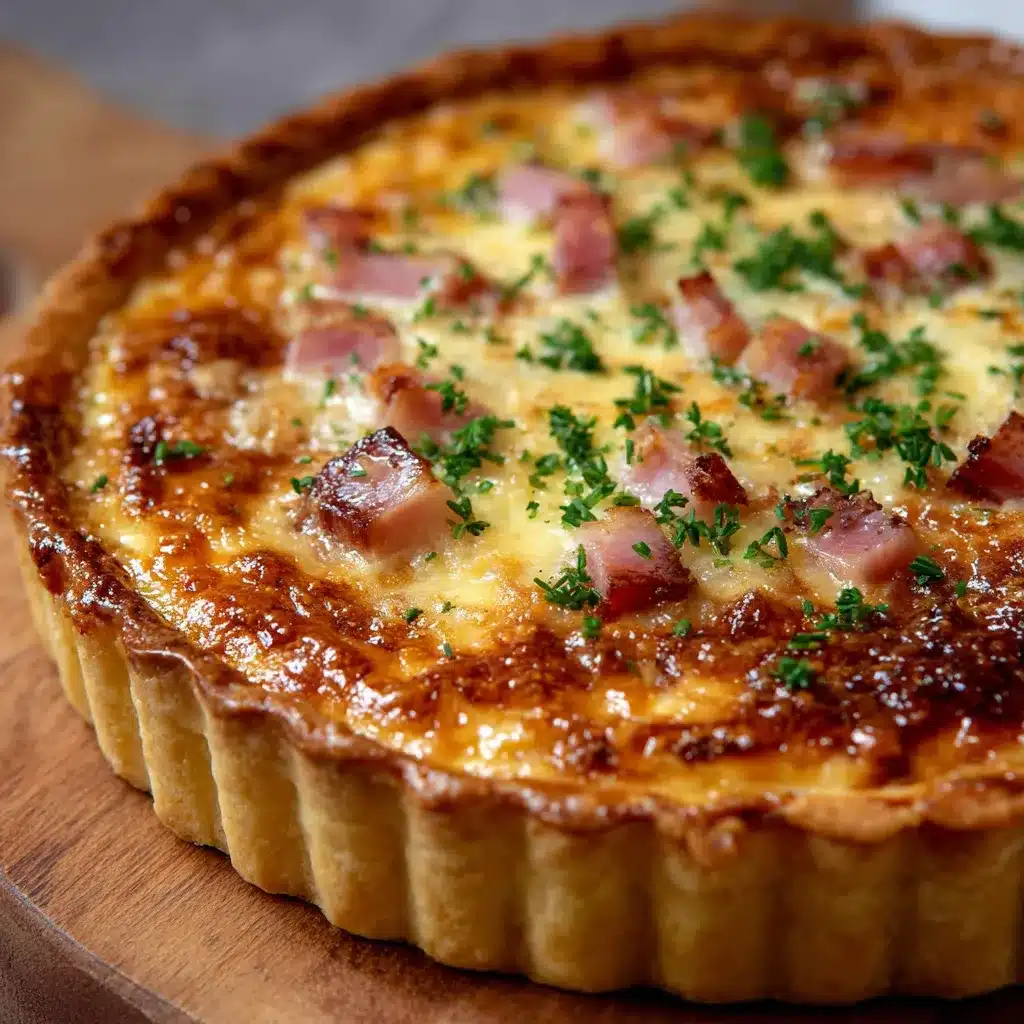 Tarte au Gruyère dorée et fondante sortie du four dans un moule à tarte