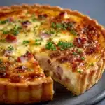 Tarte au Gruyère dorée et fondante sortie du four dans un moule à tarte