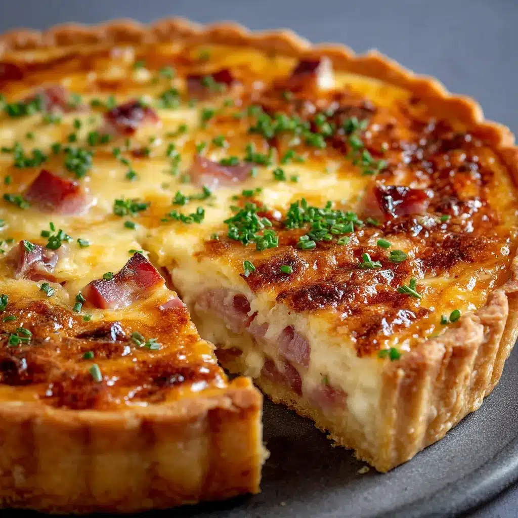 Tarte au Gruyère dorée et fondante sortie du four dans un moule à tarte