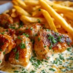 Bouchées de Poulet au Beurre Doré avec Sauce Crémeuse et Frites