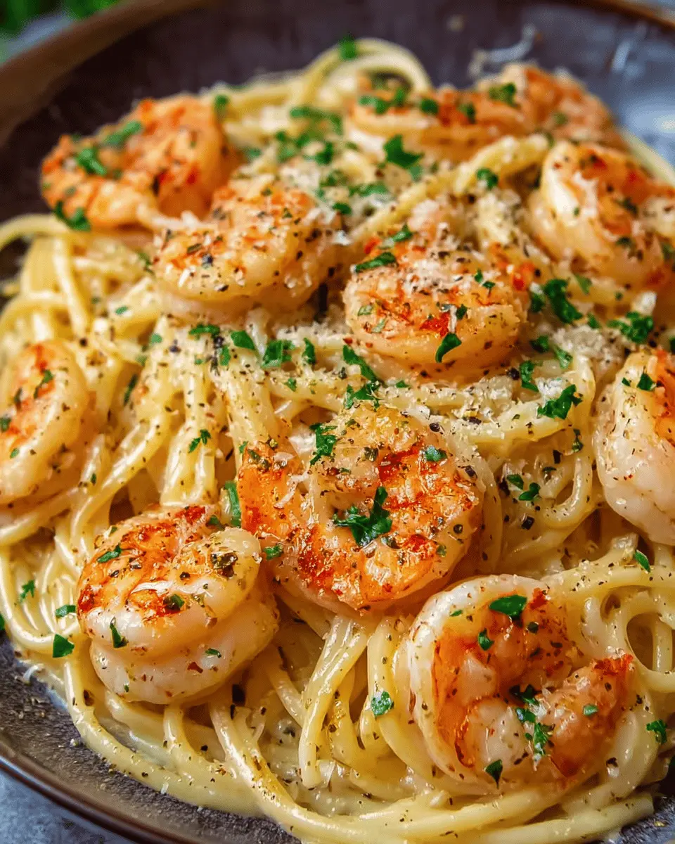 Spaghettis crémeux aux crevettes et à l’ail