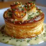 Vol-au-vent aux Saint-Jacques, fondue de poireaux & crème au beurre citronné