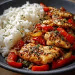 Sauté de Poulet à l’Ail & Poivrons avec Riz Vapeur