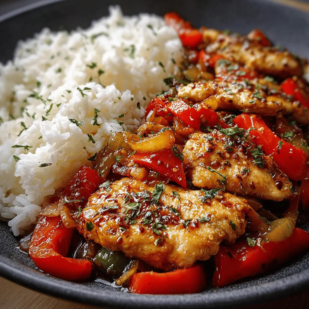 Sauté de Poulet à l’Ail & Poivrons avec Riz Vapeur
