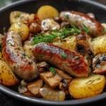 Saucisses de bœuf, champignons & pommes de terre rôties au four