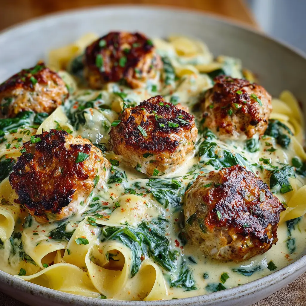 Boulettes de Poulet à la Ricotta avec Pâtes et Sauce Crémeuse aux Épinards