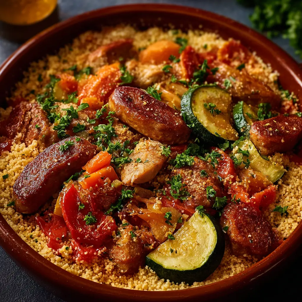Couscous au poulet, merguez et légumes