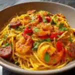 Spaghetti à la Crème de Poivron, Chorizo et Crevettes