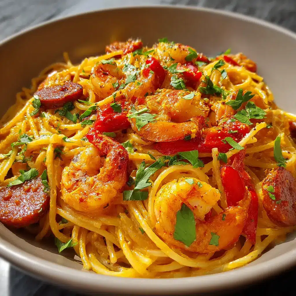 Spaghetti à la Crème de Poivron, Chorizo et Crevettes