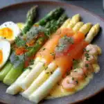 Asperges au saumon fumé, œuf poché et crevettes grises