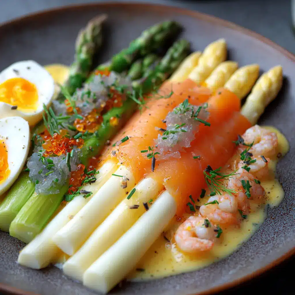 Asperges au saumon fumé, œuf poché et crevettes grises