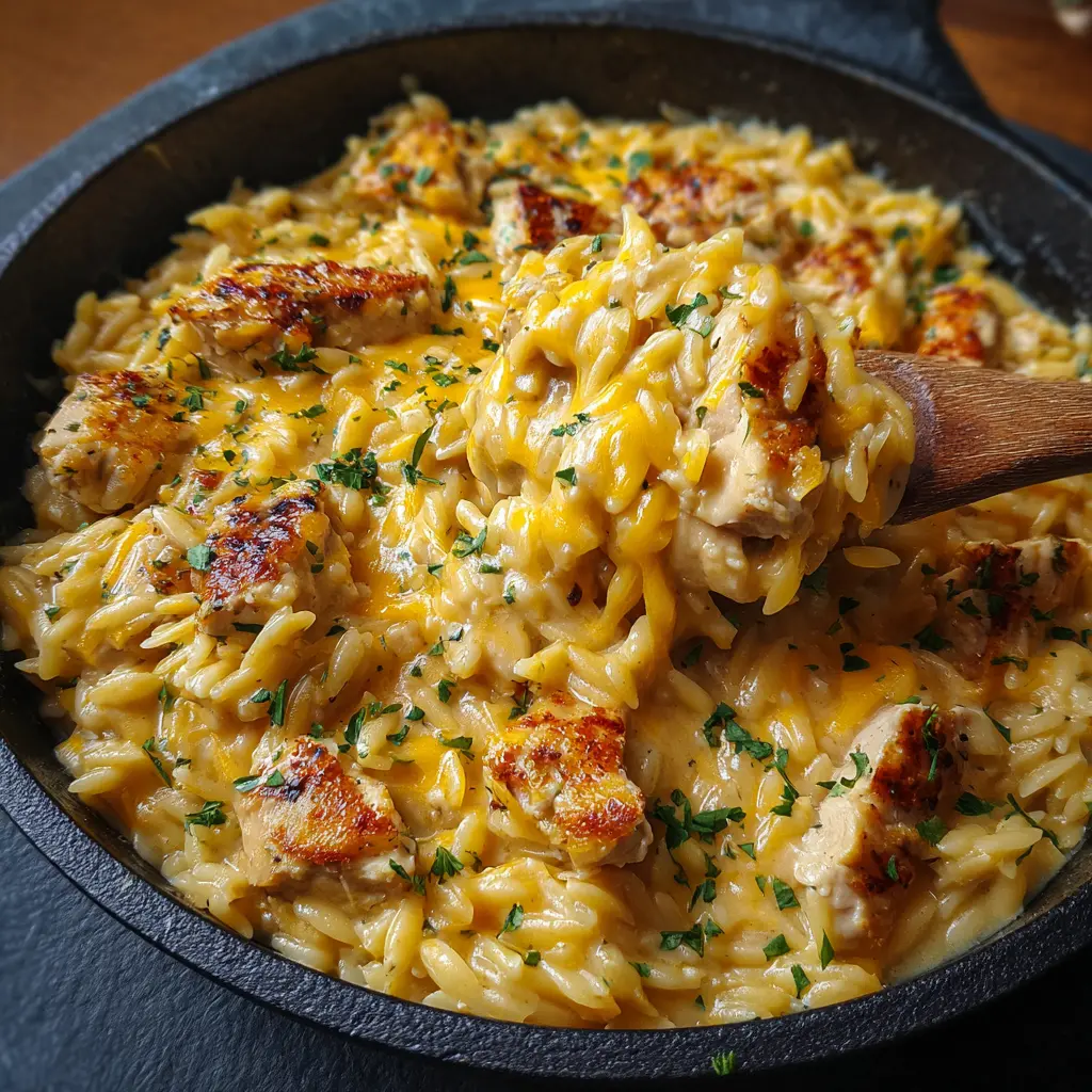 Orzo crémeux au poulet et cheddar