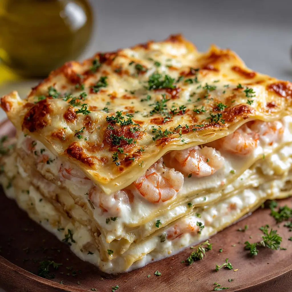 Lasagnes aux crevettes, sauce blanche et fromage