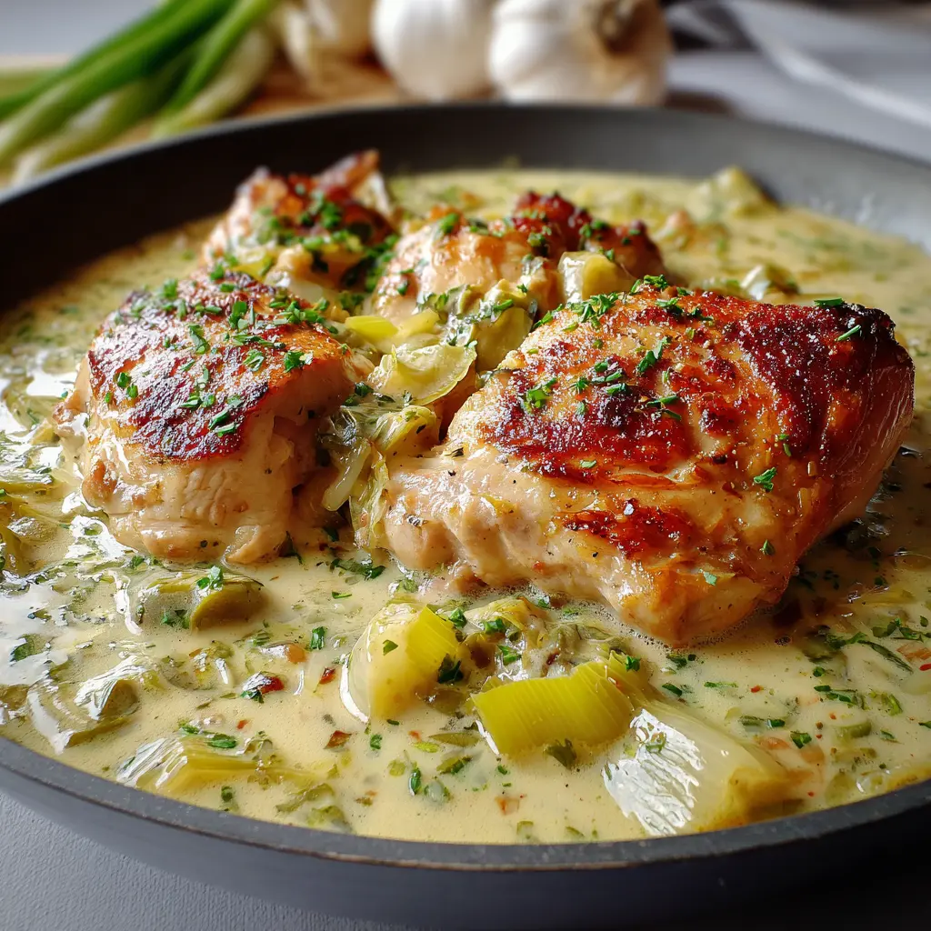 Poulet à la crème et aux poireaux