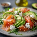 Salade au saumon fumé, chèvre frais et avocat