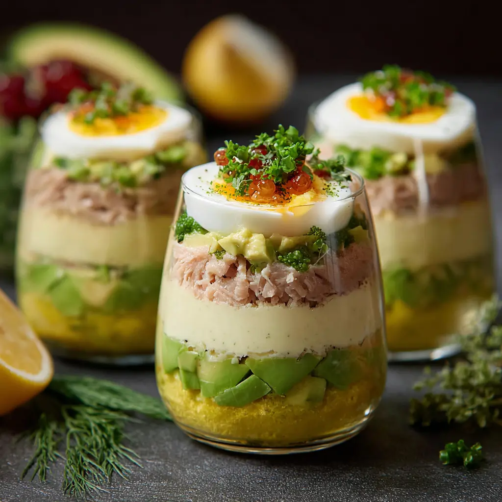 Verrines avocat, thon et œufs mimosa