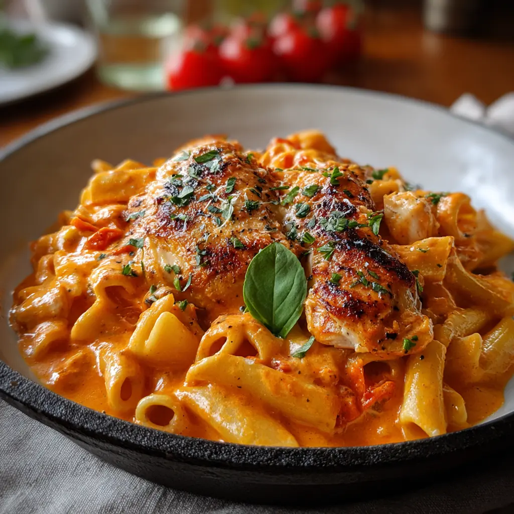 Pâtes au poulet et sauce tomate crémeuse