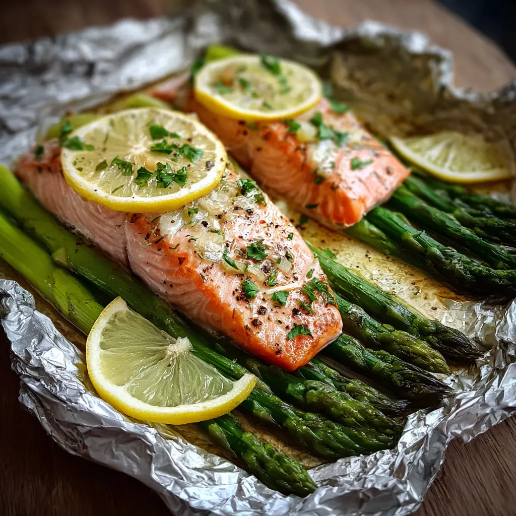 Saumon en papillote aux asperges et sauce citron-ail