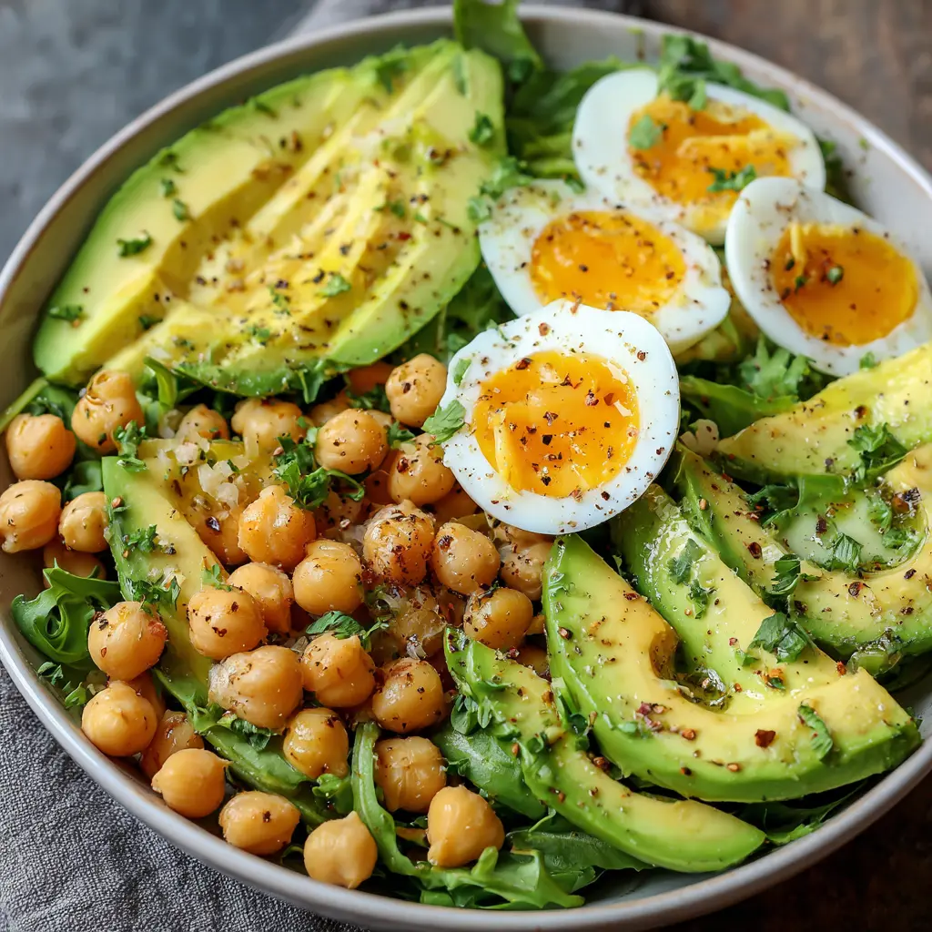Salade Power aux pois chiches, avocat et œuf