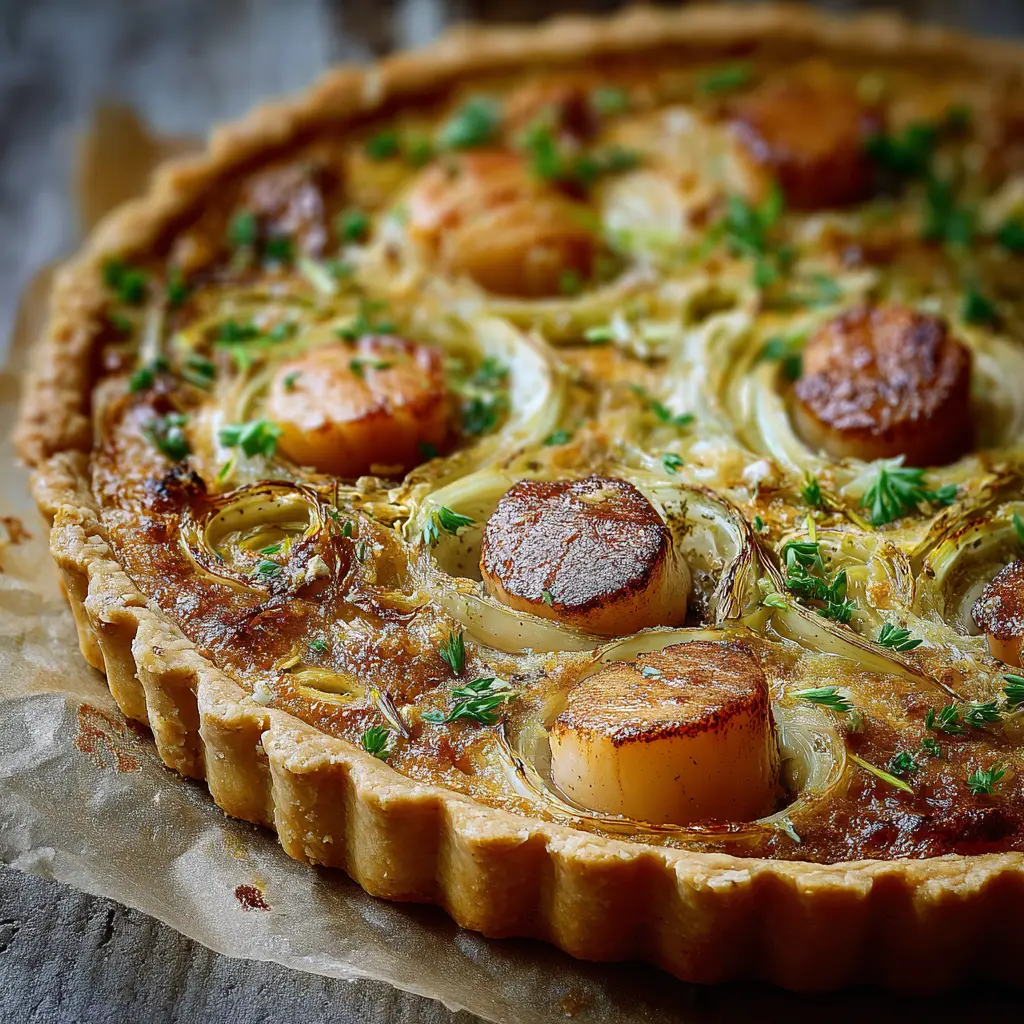 Tarte fondante aux poireaux et noix de Saint-Jacques