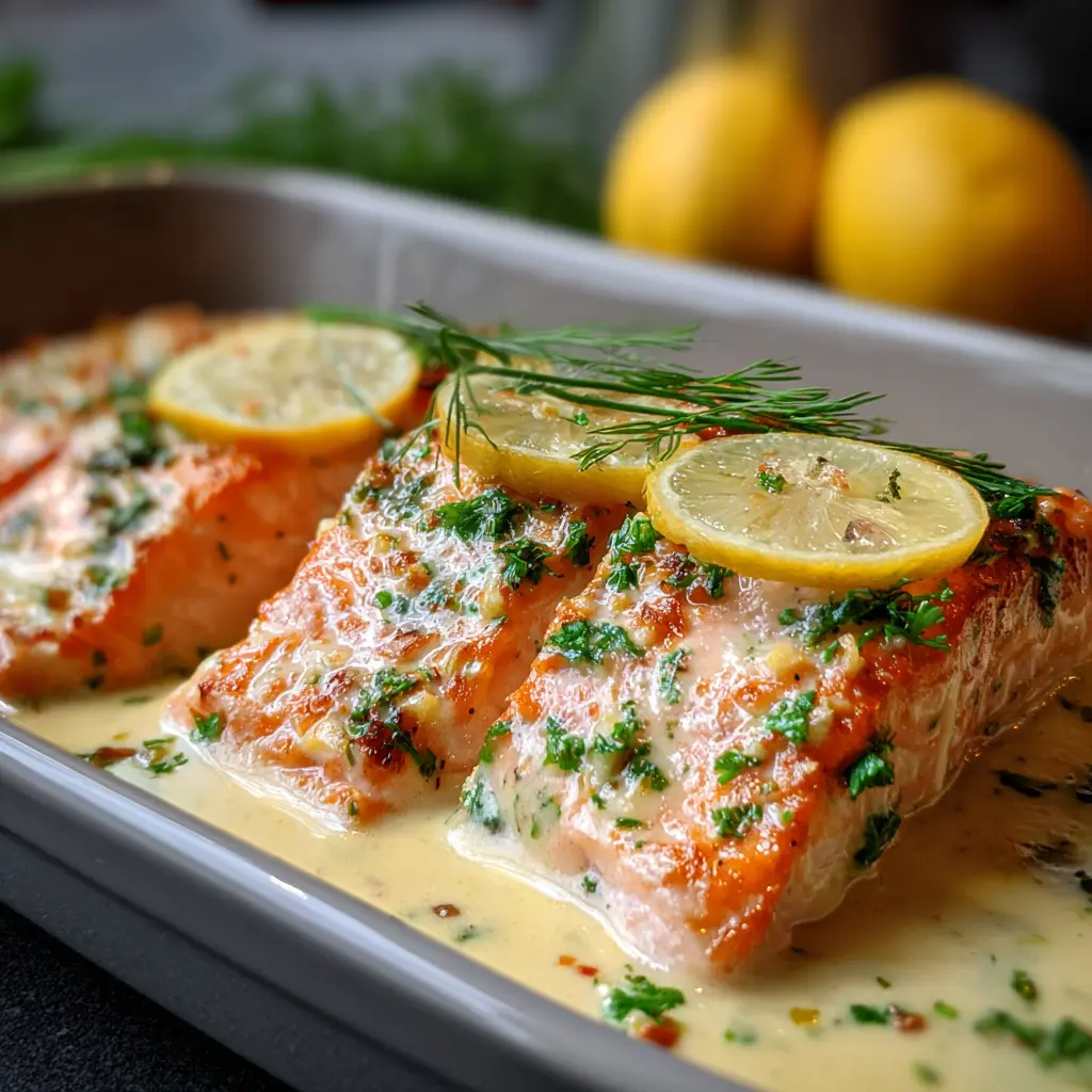 Saumon au four à la moutarde et crème citronnée