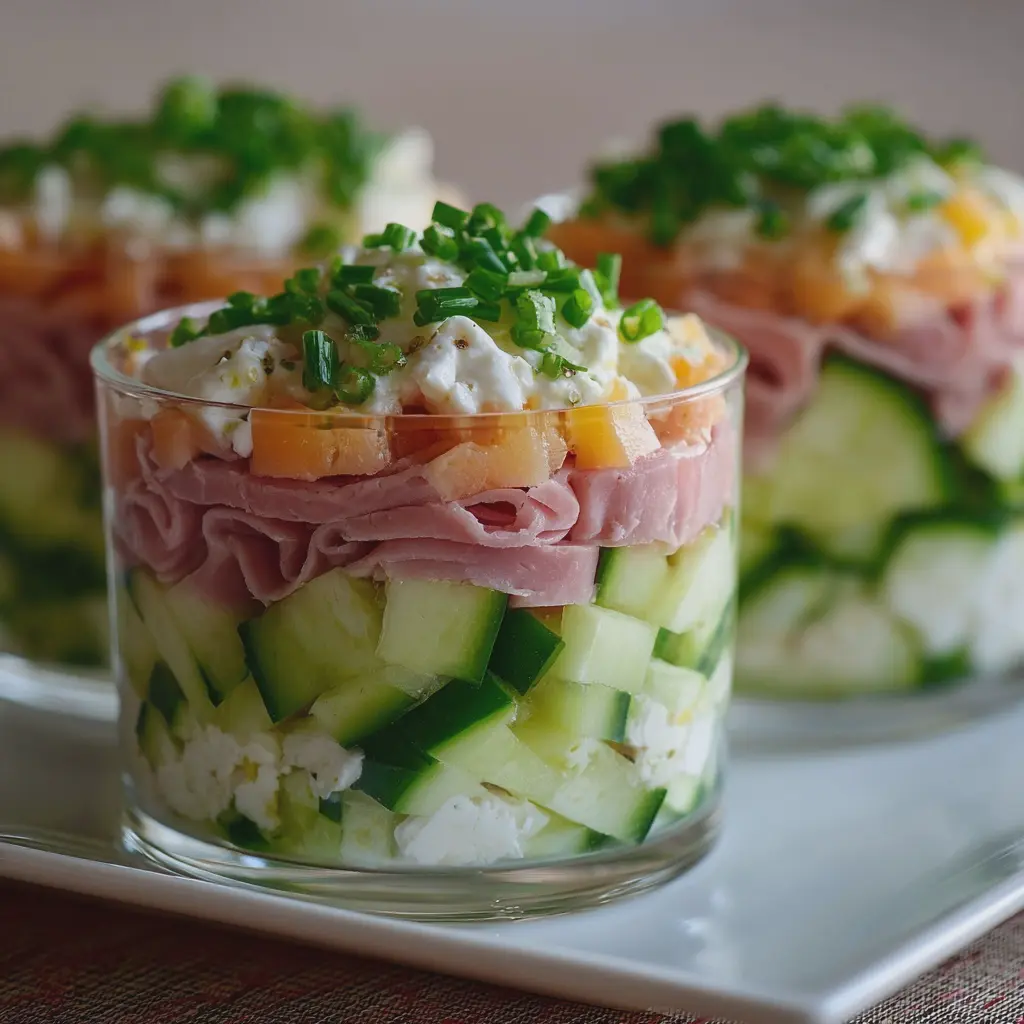 Verrines Concombre, Jambon de Poulet et Boursin