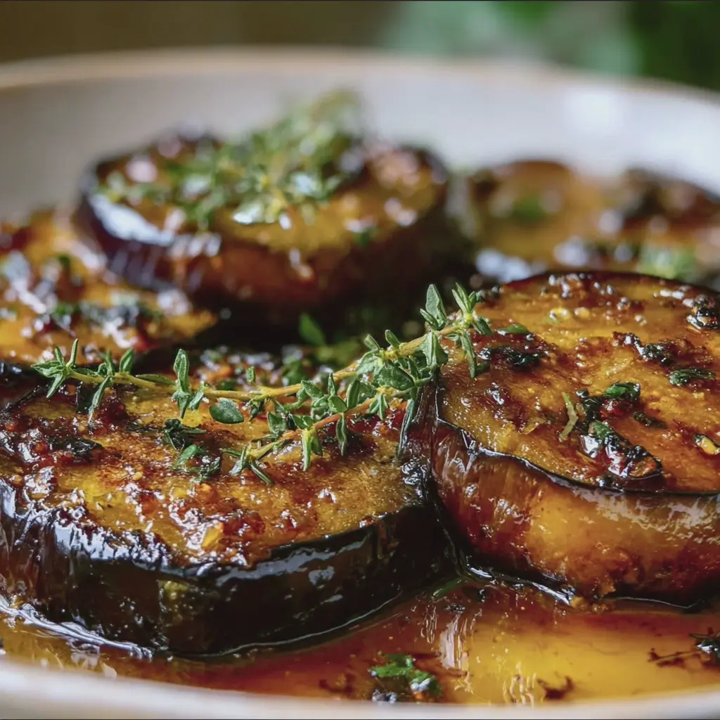 Aubergines fondantes au miel & thym