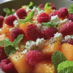 Salade de Melon, Framboises & Feta, Vinaigrette à l’Orange Douce