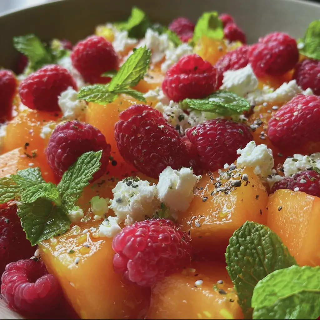 Salade de Melon, Framboises & Feta, Vinaigrette à l’Orange Douce