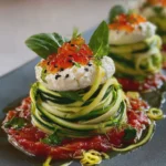 Nid de courgette spiralée, mousse de feta citronnée et caviar de tomate