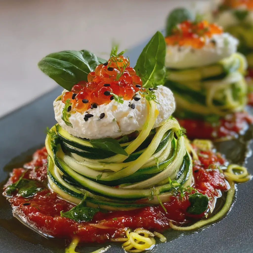 Nid de courgette spiralée, mousse de feta citronnée et caviar de tomate