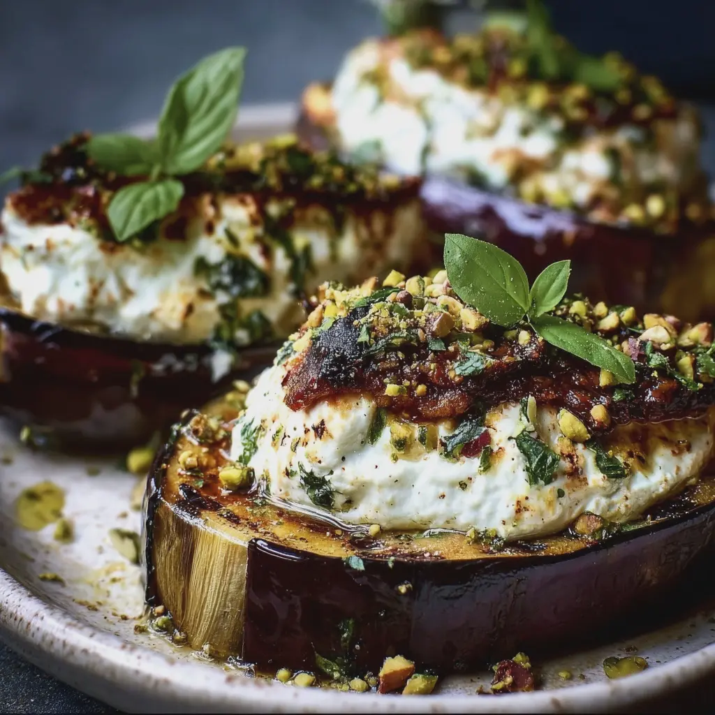 Aubergine Fondante au Four, Farcie Ricotta, Basilic & Pistaches
