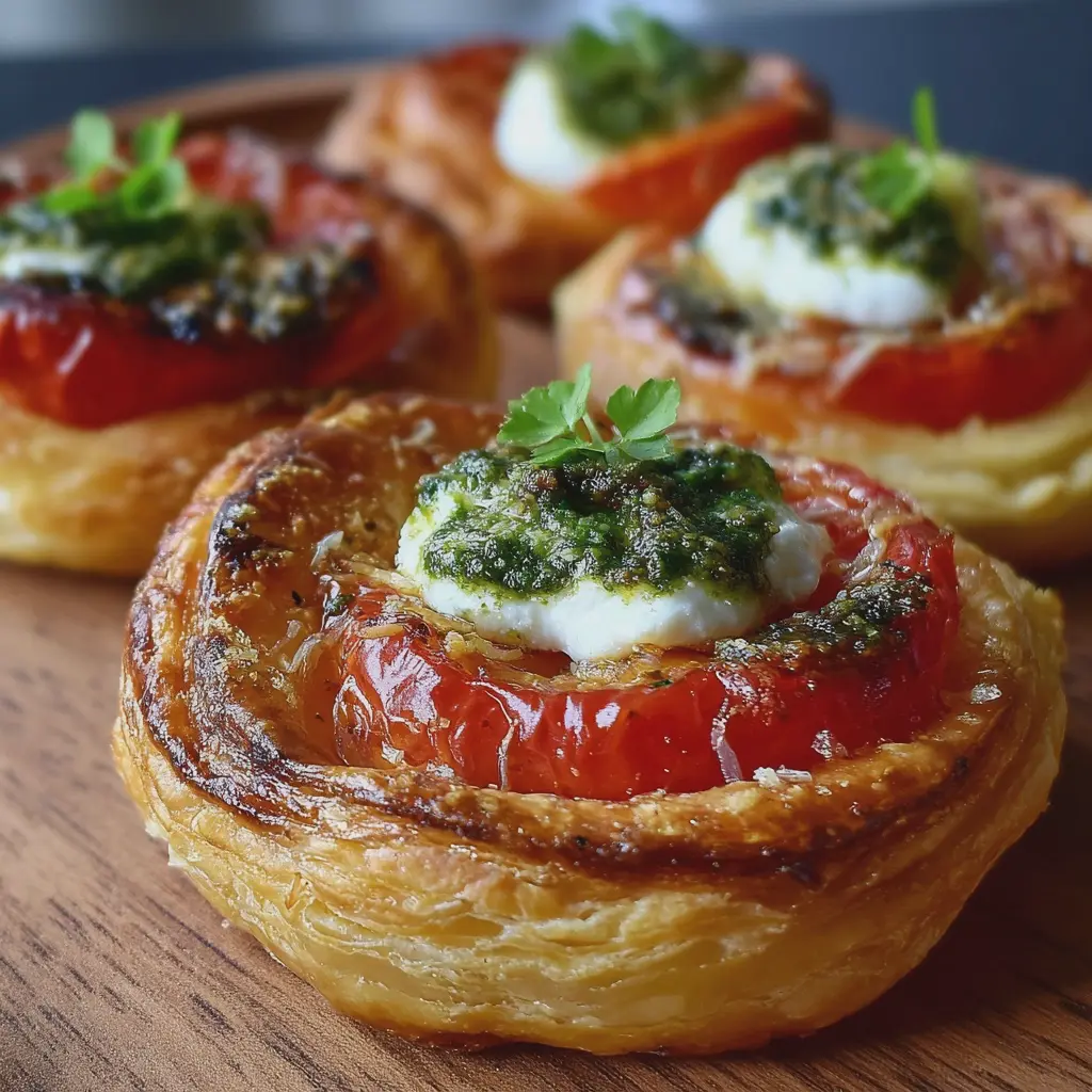 Feuilletés croustillants à la tomate, chèvre et pesto rosso