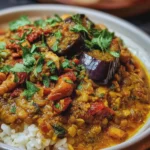 Curry Rouge d’Aubergines, Lentilles Corail & Noix de Cajou