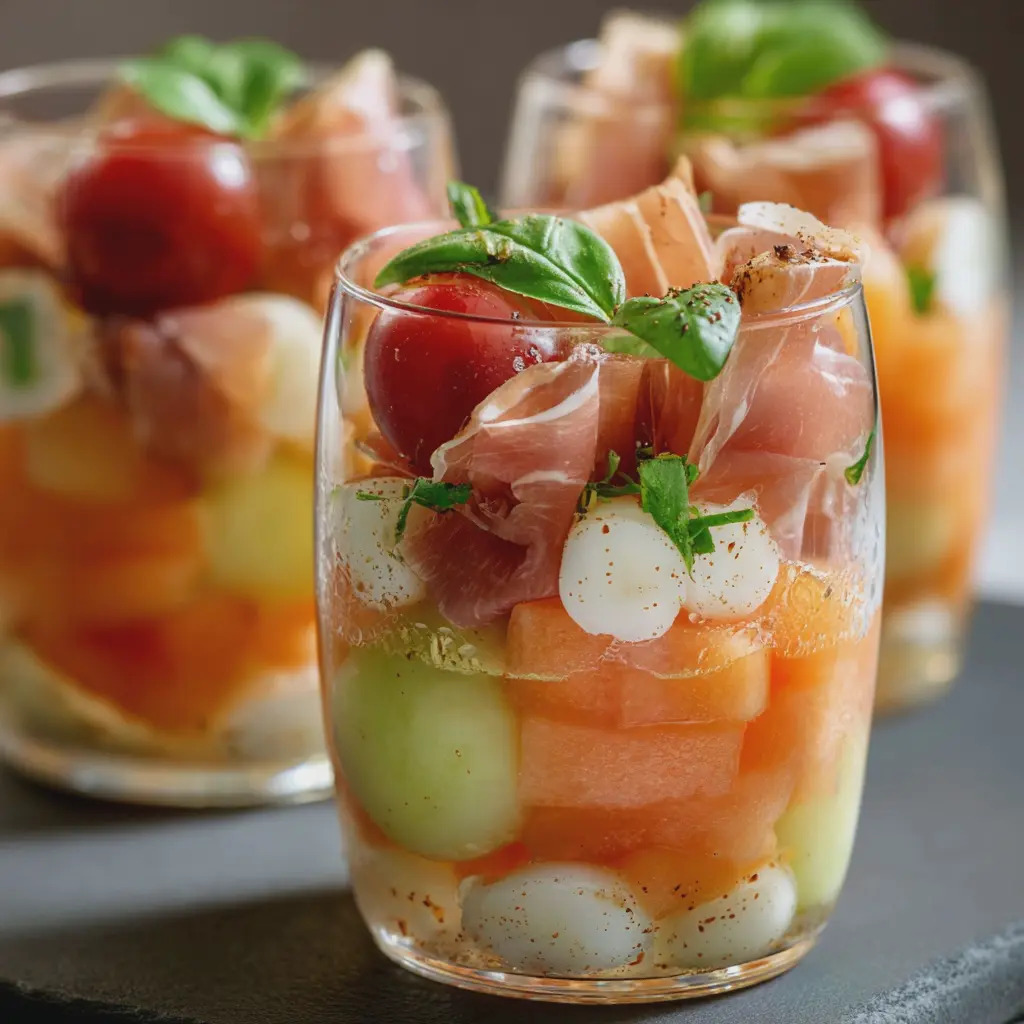 Verrines fraîches au melon et jambon de poulet fumé