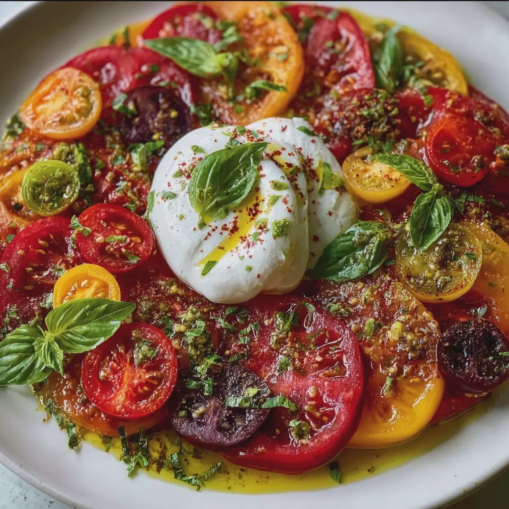 Carpaccio de Tomates Anciennes, Burrata et Filet d'Huile d'Olive