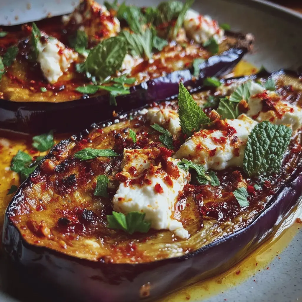 Aubergine confite au miel, piment d’Espelette & crème de feta