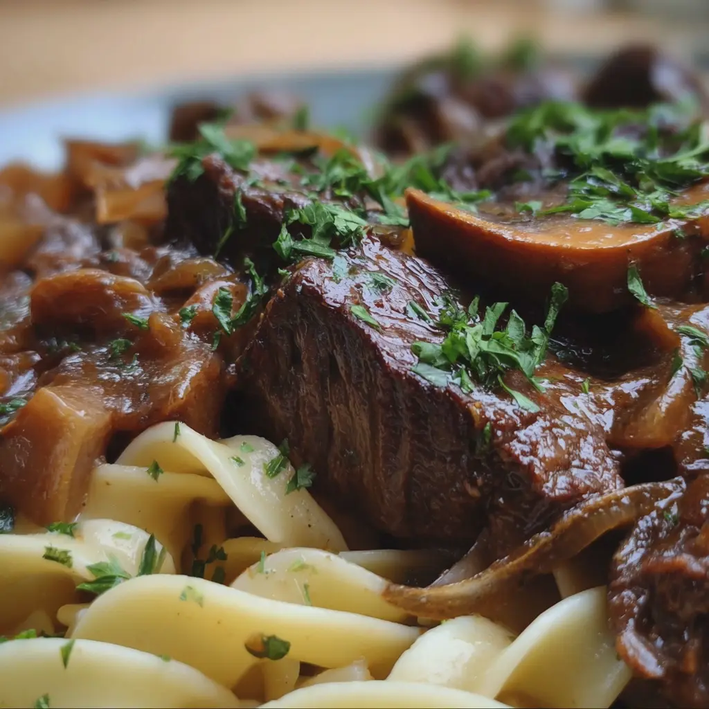 Bœuf mijoté aux oignons et ses pâtes
