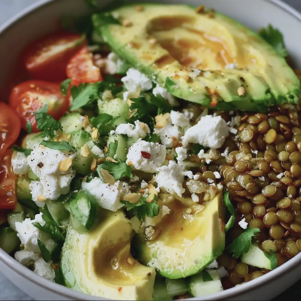 Bowl énergie aux lentilles vertes, avocat, feta & gingembre