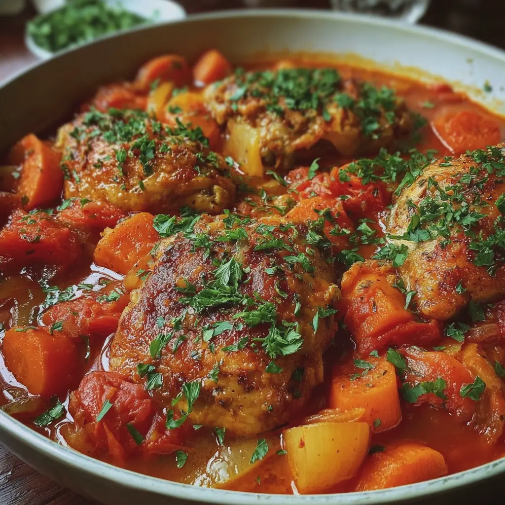 Poulet mijoté aux tomates et carottes