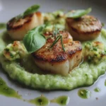 Noix de Saint-Jacques snackées, purée de courgette & huile de basilic
